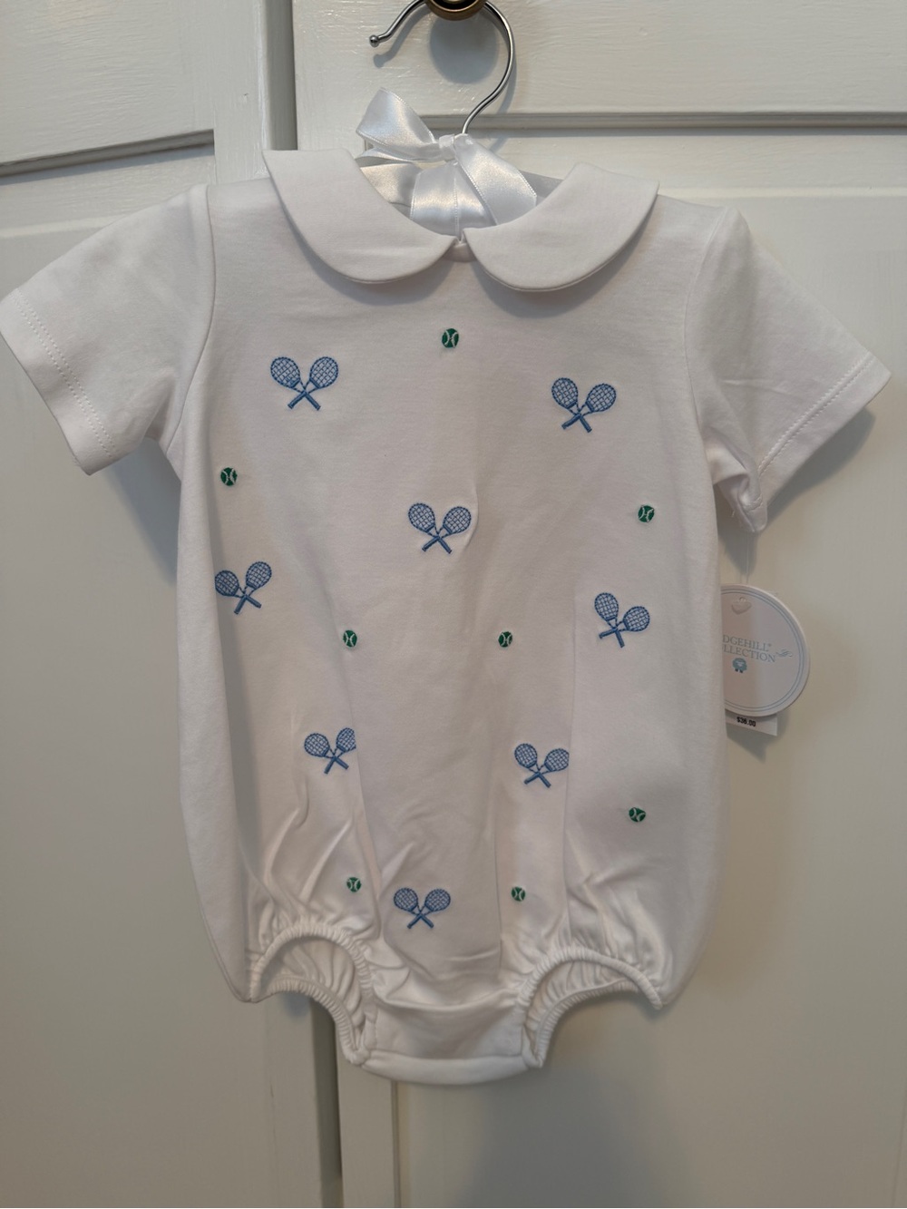 Edgehill Collection White Baby One-Piece with Blue & Green Tennis Motif